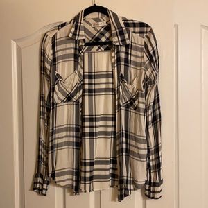 Navy and white plaid flannel top